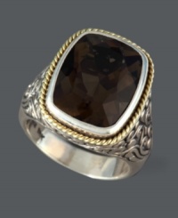 Get cocktail-ready in this sparkling style from Balissima by Effy Collection. Ring features a faceted smokey quartz (9-1/4 ct. t.w.) set in scrolling sterling silver and 18k gold rope edging. Size 7. Get cocktail-ready in this sparkling style from Balissima by Effy Collection. Ring features a faceted smokey quartz (9-1/4 ct. t.w.) set in scrolling sterling silver and 18k gold rope edging. Size 7.
