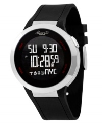 A sleek watch by Kenneth Cole New York with touch screen functionality. Black silicone strap and round stainless steel case. Black negative display digital dial with digi-touch technology, logo, time, day, date and seconds. Quartz movement. Water resistant to 30 meters. Limited lifetime warranty. A sleek watch by Kenneth Cole New York with touch screen functionality. Black silicone strap and round stainless steel case. Black negative display digital dial with digi-touch technology, logo, time, day, date and seconds. Quartz movement. Water resistant to 30 meters. Limited lifetime warranty.