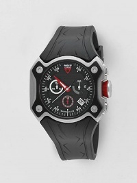 Sporty chronograph look goes anywhere in style thanks to an easy rubber band and lasting, stainless steel construction. Water resistant to 10 ATM Round face Date display 44mm Second hand Made in Switzerland Sporty chronograph look goes anywhere in style thanks to an easy rubber band and lasting, stainless steel construction. Water resistant to 10 ATM Round face Date display 44mm Second hand Made in Switzerland