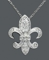 Fit for a Francophile, this Fleur De Lis pendant is both iconic and glamorous. Pendant features a Fleur De Lis symbol covered in glittering diamonds (1/10 ct. t.w.) set in sterling silver. Approximate length: 18 inches. Approximate drop: 3/4 inch.