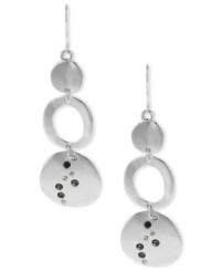Triple play. These drop earrings from Kenneth Cole New York feature three circle discs with subtle accents. Crafted in silver tone mixed metal. Approximate length: 2-3/4 inches. Triple play. These drop earrings from Kenneth Cole New York feature three circle discs with subtle accents. Crafted in silver tone mixed metal. Approximate length: 2-3/4 inches.