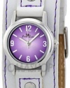 Zou Zou Purple Dial White Faux Leather Cuff with Purple Stitching Strap Ladies Watch ZRT6002