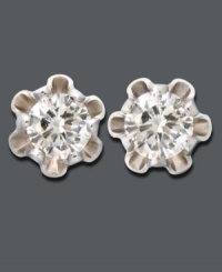 Baby's first steps, baby's first tooth, baby's first diamonds! Delicate 14k white gold ruffled studs feature shimmering round-cut diamonds (1/8 ct. t.w.). Baby's first steps, baby's first tooth, baby's first diamonds! Delicate 14k white gold ruffled studs feature shimmering round-cut diamonds (1/8 ct. t.w.).