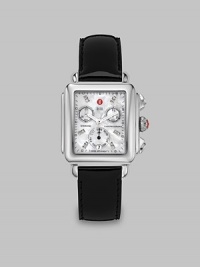 From the Deco Collection. A brilliant diamond accented design with a beautiful mother-of-pearl dial on a glossy patent leather strap. Swiss quartz movementWater resistant to 5 ATMRectangular stainless steel case, 33mm (1.3) X 35mm (1.4)Smooth bezelMother-of-pearl chronograph dialDiamond accented markers, .05 tcwDate display at 6 o'clockSecond hand Black patent leather strap, 18mm (.7)Imported From the Deco Collection. A brilliant diamond accented design with a beautiful mother-of-pearl dial on a glossy patent leather strap. Swiss quartz movementWater resistant to 5 ATMRectangular stainless steel case, 33mm (1.3) X 35mm (1.4)Smooth bezelMother-of-pearl chronograph dialDiamond accented markers, .05 tcwDate display at 6 o'clockSecond hand Black patent leather strap, 18mm (.7)Imported