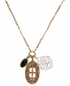 Openwork works in this charm necklace from Lucky Brand. Crafted from gold-tone mixed metal with semi-precious onyx accents, the necklace has a fashion-forward openwork charm offset by two other stylish pieces. Approximate length: 20-1/2 inches + 2-inch extender.