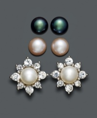 A trio of earrings to cover every evening. Alternate between stunning cultured freshwater pearl studs (5-6 mm) and a dazzling flower crafted from cultured freshwater pearl surrounded by white topaz petals (3/7 ct. t.w.). Approximate flower stud diameter: 1/4 inch. A trio of earrings to cover every evening. Alternate between stunning cultured freshwater pearl studs (5-6 mm) and a dazzling flower crafted from cultured freshwater pearl surrounded by white topaz petals (3/7 ct. t.w.). Approximate flower stud diameter: 1/4 inch.