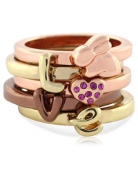 Fall in love with this ring from BCBGeneration. Crafted from rose gold-tone, chocolate-tone and gold-tone mixed metal, the stacked ring is adorned with pink stones and a bunny accent for some animal attraction. Size 7. Fall in love with this ring from BCBGeneration. Crafted from rose gold-tone, chocolate-tone and gold-tone mixed metal, the stacked ring is adorned with pink stones and a bunny accent for some animal attraction. Size 7.