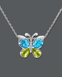 Pretty colorful wings will set your heart aflutter. Embrace nature with this delicate butterfly pendant featuring oval-cut blue topaz (1-5/8 ct. t.w.) and pear-cut peridot (7/8 ct. t.w.) wings and a diamond-accented body. Crafted in sterling silver. Approximate length: 18 inches. Approximate drop: 1/2 inch.