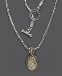 Pull your look together with vintage-inspired design. This ornate pendant from Balissima by Effy Collection features sparkling round-cut diamonds (1/4 ct. t.w.) set in a filigree-pattern sterling silver setting with 18k gold accents. Approximate length: 16 inches. Approximate drop length: 11/16 inch. Approximate drop width: 1/4 inch. Pull your look together with vintage-inspired design. This ornate pendant from Balissima by Effy Collection features sparkling round-cut diamonds (1/4 ct. t.w.) set in a filigree-pattern sterling silver setting with 18k gold accents. Approximate length: 16 inches. Approximate drop length: 11/16 inch. Approximate drop width: 1/4 inch.