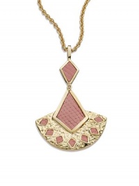 THE LOOKAbstract peacock pendantPink python skin detailsCircle chainLobster clasp THE FITChain, about 36 longPendant, about 2 wideTHE MATERIAL14k gold plate and python skinORIGINMade in USA THE LOOKAbstract peacock pendantPink python skin detailsCircle chainLobster clasp THE FITChain, about 36 longPendant, about 2 wideTHE MATERIAL14k gold plate and python skinORIGINMade in USA