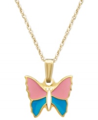 The perfect gift for the little girl who loves butterflies. This sweet pendant features a splash of pink and blue enamel set in 14k gold. Approximate length: 16 inches. Approximate drop: 1/2 inch. The perfect gift for the little girl who loves butterflies. This sweet pendant features a splash of pink and blue enamel set in 14k gold. Approximate length: 16 inches. Approximate drop: 1/2 inch.