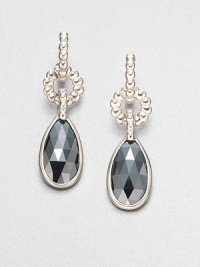 From the Bedeg Collection. A pretty teardrop of faceted hematite dances with light as it hangs from a graceful beaded setting of sterling silver.HematiteSterling silverDrop, about 1.8Width, about .5Post backMade in Bali From the Bedeg Collection. A pretty teardrop of faceted hematite dances with light as it hangs from a graceful beaded setting of sterling silver.HematiteSterling silverDrop, about 1.8Width, about .5Post backMade in Bali