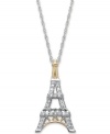 Ooh La La! Every Francophile simply must own this sparkling Eiffel Tower pendant. Crafted in sterling silver with 14k gold accents, this iconic structure receives a dazzling touch with the addition of round-cut diamonds (1/10 ct. t.w.). Approximate length: 18 inches. Approximate drop: 8/10 inch.