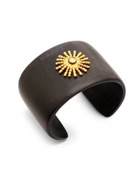 THE LOOKFrom the Nouveau CollectionBlack horn open cuffSunray medallion with glass cabochon centerTHE FITDiameter, about 2¾Width, about 2Opening, about 1½THE MATERIALHornGlassGold platingORIGINImported THE LOOKFrom the Nouveau CollectionBlack horn open cuffSunray medallion with glass cabochon centerTHE FITDiameter, about 2¾Width, about 2Opening, about 1½THE MATERIALHornGlassGold platingORIGINImported