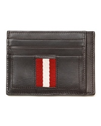Understated bi-fold card case in leather with 2-tone ribbon trim. Understated bi-fold card case in leather with 2-tone ribbon trim.