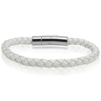 Oxford Ivy Braided White Leather 6mm Bracelet with Stainless Steel Locking Clasp 7 1/2 inches