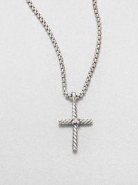 From the Thoroughbred Collection. A twisted cable cross with one sparkling diamond hangs from an elegant silver box chain in this design of quiet beauty.Diamond, .03 tcwSterling silverChain length, about 16Pendant length, about .8Lobster claspImported From the Thoroughbred Collection. A twisted cable cross with one sparkling diamond hangs from an elegant silver box chain in this design of quiet beauty.Diamond, .03 tcwSterling silverChain length, about 16Pendant length, about .8Lobster claspImported