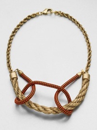A unique piece with colorful and metallic intertwined rope on a twist link chain. RopeBrassLength, about 23.5Lobster clasp closureMade in USA A unique piece with colorful and metallic intertwined rope on a twist link chain. RopeBrassLength, about 23.5Lobster clasp closureMade in USA