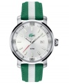 A classic Lacoste look. Green and white jacquard grosgrain strap with stainless steel case. Silvertone dial with date window and Lacoste logo. Three-hand, quartz movement. Water resistant to 50 meters.