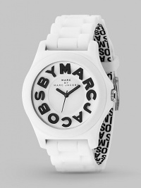 A sporty timepiece with logo details and silicone strap.Quartz movement Water resistant to 3 ATM Round stainless steel case, 40mm, (1.57) Black dial Logo hour markers along outer concave ring Second hand Silicone strap with interior jumbled logo print, 20mm, (.78) Buckle closure Imported A sporty timepiece with logo details and silicone strap.Quartz movement Water resistant to 3 ATM Round stainless steel case, 40mm, (1.57) Black dial Logo hour markers along outer concave ring Second hand Silicone strap with interior jumbled logo print, 20mm, (.78) Buckle closure Imported