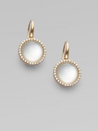 Luminous crystal cast over mother of pearl is richly framed in diamonds, all set in 18k rose gold.Diamonds, .56 tcw Mother of pearl, crystal 18k rose gold Diameter, about ½ Shepherds hook Made in Italy Luminous crystal cast over mother of pearl is richly framed in diamonds, all set in 18k rose gold.Diamonds, .56 tcw Mother of pearl, crystal 18k rose gold Diameter, about ½ Shepherds hook Made in Italy