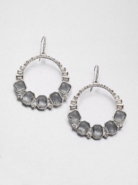 From the Social Graces Collection. A modern and sparkling design with faceted stones in various shapes set in a graduated hoop drop style. Glass stonesWhite metalDrop, about 2.5Hook backImported 