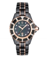 Utterly unique and undeniably elegant: the Mirador collection watch by Bulova Accutron. Black ceramic and rose gold ion-plated stainless steel bracelet and round case with rotating bezel and curved sapphire crystal. Bezel and patterned black mother-of-pearl dial feature 50 hand-set diamond accents. Dial also features date window at six o'clock, three rose gold tone hands and logo at twelve o'clock. Swiss quartz movement. Water resistant to 50 meters. Five-year limited warranty. Utterly unique and undeniably elegant: the Mirador collection watch by Bulova Accutron. Black ceramic and rose gold ion-plated stainless steel bracelet and round case with rotating bezel and curved sapphire crystal. Bezel and patterned black mother-of-pearl dial feature 50 hand-set diamond accents. Dial also features date window at six o'clock, three rose gold tone hands and logo at twelve o'clock. Swiss quartz movement. Water resistant to 50 meters. Five-year limited warranty.