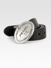 Textured woven design with engraved logo shield buckle. About 1½ wide Made in Italy Textured woven design with engraved logo shield buckle. About 1½ wide Made in Italy