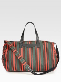 Versatile striped fabric duffle accommodates the essentials, including two tech compartments.Two leather top handlesAdjustable shoulder strap, 21.5-49.5 longTop zip closureTwo outside side zip pocketsInside zip pocketTwo tech compartmentsLined70% cotton/30% polyester20W X 13.5H X 13.5DImported Versatile striped fabric duffle accommodates the essentials, including two tech compartments.Two leather top handlesAdjustable shoulder strap, 21.5-49.5 longTop zip closureTwo outside side zip pocketsInside zip pocketTwo tech compartmentsLined70% cotton/30% polyester20W X 13.5H X 13.5DImported