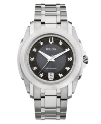 Unparalleled accuracy and sleek minimalist design, by Bulova. Touted as the world's most accurate timepiece, this Precisionist collection watch is accurate to ten seconds a year. Round stainless steel case and bracelet. Black sunray-patterned dial features luminous hour and minute hands, continuously sweeping second hand, diamond accents at markers, date window at six o'clock and logo. Quartz movement. Water resistant to 30 meters. Three-year limited warranty. Unparalleled accuracy and sleek minimalist design, by Bulova. Touted as the world's most accurate timepiece, this Precisionist collection watch is accurate to ten seconds a year. Round stainless steel case and bracelet. Black sunray-patterned dial features luminous hour and minute hands, continuously sweeping second hand, diamond accents at markers, date window at six o'clock and logo. Quartz movement. Water resistant to 30 meters. Three-year limited warranty.