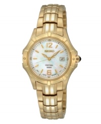 A drop of golden sun, by Seiko. Crafted of gold-tone stainless steel bracelet and round case. Mother-of-pearl dial features gold-tone applied stick indices at markers, numerals at twelve and six o'clock, date window at three o'clock and gold-tone logo at twelve o'clock. Quartz movement. Water resistant to 100 meters. Three-year warranty. A drop of golden sun, by Seiko. Crafted of gold-tone stainless steel bracelet and round case. Mother-of-pearl dial features gold-tone applied stick indices at markers, numerals at twelve and six o'clock, date window at three o'clock and gold-tone logo at twelve o'clock. Quartz movement. Water resistant to 100 meters. Three-year warranty.