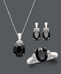 Black onyx makes a statement of bold sophistication. This classic jewelry set features oval-cut faceted onyx (7-5/8 mm) with sparkling diamond accents at the crown. Set includes: stud earrings, pendant, and ring. Crafted in sterling silver. Approximate necklace length: 18 inches. Approximate necklace drop: 3/4 inch. Approximate earring diameter: 3/4 inch. Ring size 7. Black onyx makes a statement of bold sophistication. This classic jewelry set features oval-cut faceted onyx (7-5/8 mm) with sparkling diamond accents at the crown. Set includes: stud earrings, pendant, and ring. Crafted in sterling silver. Approximate necklace length: 18 inches. Approximate necklace drop: 3/4 inch. Approximate earring diameter: 3/4 inch. Ring size 7.