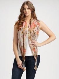 This square-shaped scarf features a gorgeous design in full bloom.Tassel detailsAbout 42 X 42SilkHand washImported This square-shaped scarf features a gorgeous design in full bloom.Tassel detailsAbout 42 X 42SilkHand washImported