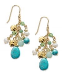 Nothing says summer like the cool hues of green and blue. Lauren by Ralph Lauren's vibrant cluster earrings combine reconstituted turquoise with cultured freshwater pearls (4 mm) and green beads on fish wire. Crafted in gold tone mixed metal. Approximate drop: 1-3/4 inches.