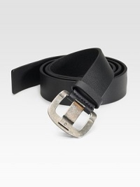 Sharp and sophisticated as ever in soft calfskin leather with a distressed buckle. Logo detail on buckle About 1 wide Leather Made in Italy Sharp and sophisticated as ever in soft calfskin leather with a distressed buckle. Logo detail on buckle About 1 wide Leather Made in Italy