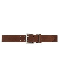Classic suede belt is styled in England with a brushed metal double-prong roller buckle for rugged flair.