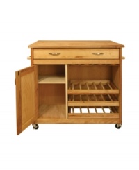 Your very own winery... right at home! Keep up to 15 of your favorite reds, whites and pinks, plus everything you need to enjoy a glass, right on hand with the convenience of this wine island. Featuring a stemware holder, two towel bars and an adjustable interior shelf, this portable bar easily moves on locking casters where you need it most. 1-year warranty. Your very own winery... right at home! Keep up to 15 of your favorite reds, whites and pinks, plus everything you need to enjoy a glass, right on hand with the convenience of this wine island. Featuring a stemware holder, two towel bars and an adjustable interior shelf, this portable bar easily moves on locking casters where you need it most. 1-year warranty.