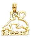 Cherish the beautiful capital of the Bahamas! Carved of 14k gold, this charm reads I (Heart) Nassau and features a graceful dolphin silhouette. Chain not included. Approximate drop length: 7/10 inch. Approximate drop width: 3/5 inch.