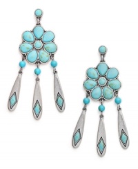 Drops of Americana. These gorgeous drop earrings from Lauren by Ralph Lauren boasts reconstituted turquoise beads with three linear drops. Set in antiqued silver tone mixed metal. Approximate drop: 2-1/2 inches. Approximate diameter: 1 inch. Drops of Americana. These gorgeous drop earrings from Lauren by Ralph Lauren boasts reconstituted turquoise beads with three linear drops. Set in antiqued silver tone mixed metal. Approximate drop: 2-1/2 inches. Approximate diameter: 1 inch.
