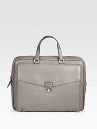 Elegant pebbled leather briefcase with front pocket and push lock closure detail.Zip closureDouble top handlesExterior, interior pocketsLeather16W x 12H x 2DMade in Italy Elegant pebbled leather briefcase with front pocket and push lock closure detail.Zip closureDouble top handlesExterior, interior pocketsLeather16W x 12H x 2DMade in Italy