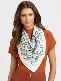 This elegant style features pretty, intricate vines and florals that come together and create a subtle signature center. Silk twillAbout 35½ X 35½Dry cleanMade in Italy This elegant style features pretty, intricate vines and florals that come together and create a subtle signature center. Silk twillAbout 35½ X 35½Dry cleanMade in Italy