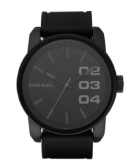 Make a bold move and don't look back. Watch by Diesel crafted of black silicone strap and round black ion-plated stainless steel case, 46mm. Matte black dial features numerals at two, three and four o'clock, stick indices, minute track, logo and luminous hands. Quartz movement. Water resistant to 100 meters. Two-year limited warranty. Make a bold move and don't look back. Watch by Diesel crafted of black silicone strap and round black ion-plated stainless steel case, 46mm. Matte black dial features numerals at two, three and four o'clock, stick indices, minute track, logo and luminous hands. Quartz movement. Water resistant to 100 meters. Two-year limited warranty.
