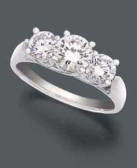 The final touch to a perfect moment. This dazzling three stone engagement ring features a central round-cut solitaire diamond (3/4 ct. t.w.) with two sparkling diamonds (3/8 ct. t.w.) at each side. Ring crafted in shiny and enduring 18k white gold. IGI Certified diamonds. The final touch to a perfect moment. This dazzling three stone engagement ring features a central round-cut solitaire diamond (3/4 ct. t.w.) with two sparkling diamonds (3/8 ct. t.w.) at each side. Ring crafted in shiny and enduring 18k white gold. IGI Certified diamonds.