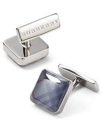 Square cufflinks with subtle check pattern. Logo stamped on back of clasp closure. Square cufflinks with subtle check pattern. Logo stamped on back of clasp closure.