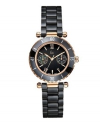 Submerge yourself in unparalleled artistry. Gc Swiss Made Timepieces watch crafted of black ceramic bracelet with two-side pushers and round case with rose-gold accent. Bezel marked with minute numerals. Black enamel chronograph dial with Roman numerals at five, seven and twelve o'clock, two subdials and logo. Swiss quartz movement. Water resistant to 100 meters. Ten-year limited warranty. Luxury Gc gift box packaging included. Submerge yourself in unparalleled artistry. Gc Swiss Made Timepieces watch crafted of black ceramic bracelet with two-side pushers and round case with rose-gold accent. Bezel marked with minute numerals. Black enamel chronograph dial with Roman numerals at five, seven and twelve o'clock, two subdials and logo. Swiss quartz movement. Water resistant to 100 meters. Ten-year limited warranty. Luxury Gc gift box packaging included.