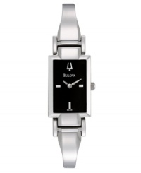 Accessorize with your flair for the dramatic. Elegant watch by Bulova crafted of stainless steel bangle bracelet and rectangular case. Black dial features applied silver tone stick indices at three, six and nine o'clock, logo at twelve o'clock and two hands. Quartz movement. Water resistant to 30 meters. Three-year limited warranty. Accessorize with your flair for the dramatic. Elegant watch by Bulova crafted of stainless steel bangle bracelet and rectangular case. Black dial features applied silver tone stick indices at three, six and nine o'clock, logo at twelve o'clock and two hands. Quartz movement. Water resistant to 30 meters. Three-year limited warranty.