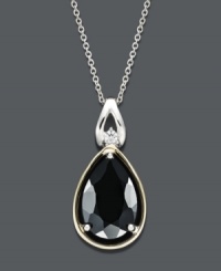 Onyx is definitely the new black! Stylish and statement-making, this pear-cut onyx stone (2-3/8 ct. t.w.) stands out against a sterling silver and 14k gold setting. A touch of extra shine is created by a round-cut diamond accent. Approximate length: 18 inches. Approximate drop: 3/4 inch. Onyx is definitely the new black! Stylish and statement-making, this pear-cut onyx stone (2-3/8 ct. t.w.) stands out against a sterling silver and 14k gold setting. A touch of extra shine is created by a round-cut diamond accent. Approximate length: 18 inches. Approximate drop: 3/4 inch.