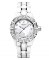 Indulge in the exquisite craftsmanship of this Mirador collection watch by Bulova Accutron. White ceramic and stainless steel bracelet and round case with curved sapphire crystal. Bezel and mother-of-pearl dial feature 139 hand-set diamond accents. Dial also features date window at six o'clock, logo at twelve o'clock and three silver tone hands. Swiss quartz movement. Water resistant to 50 meters. Five-year warranty. Indulge in the exquisite craftsmanship of this Mirador collection watch by Bulova Accutron. White ceramic and stainless steel bracelet and round case with curved sapphire crystal. Bezel and mother-of-pearl dial feature 139 hand-set diamond accents. Dial also features date window at six o'clock, logo at twelve o'clock and three silver tone hands. Swiss quartz movement. Water resistant to 50 meters. Five-year warranty.