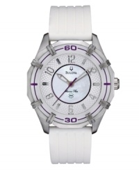 Bulova takes the sport watch to a new level of class with this Marine Star design. Watch crafted of white ribbed polyurethane strap and round stainless steel case. Glass bezel with purple numerals. Mother-of-pear dial features applied silver tone numerals and stick indices, luminous hour and minute hands, purple second hand and logo. Quartz movement. Water resistant to 50 meters. Three-year limited warranty. Bulova takes the sport watch to a new level of class with this Marine Star design. Watch crafted of white ribbed polyurethane strap and round stainless steel case. Glass bezel with purple numerals. Mother-of-pear dial features applied silver tone numerals and stick indices, luminous hour and minute hands, purple second hand and logo. Quartz movement. Water resistant to 50 meters. Three-year limited warranty.