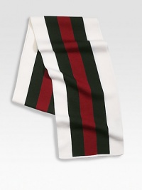 White with signature green/red/green web detail.70% wool/30% silk9½W X 70½LDry cleanMade in Italy White with signature green/red/green web detail.70% wool/30% silk9½W X 70½LDry cleanMade in Italy